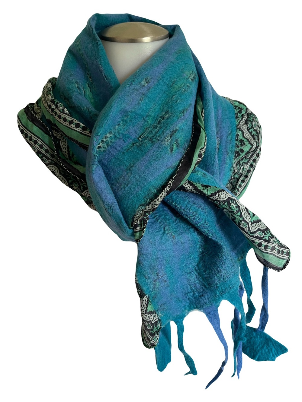 Nuno Felted Silk/Wool Turquoise & Teal Women's Scarf - Elegant Accent